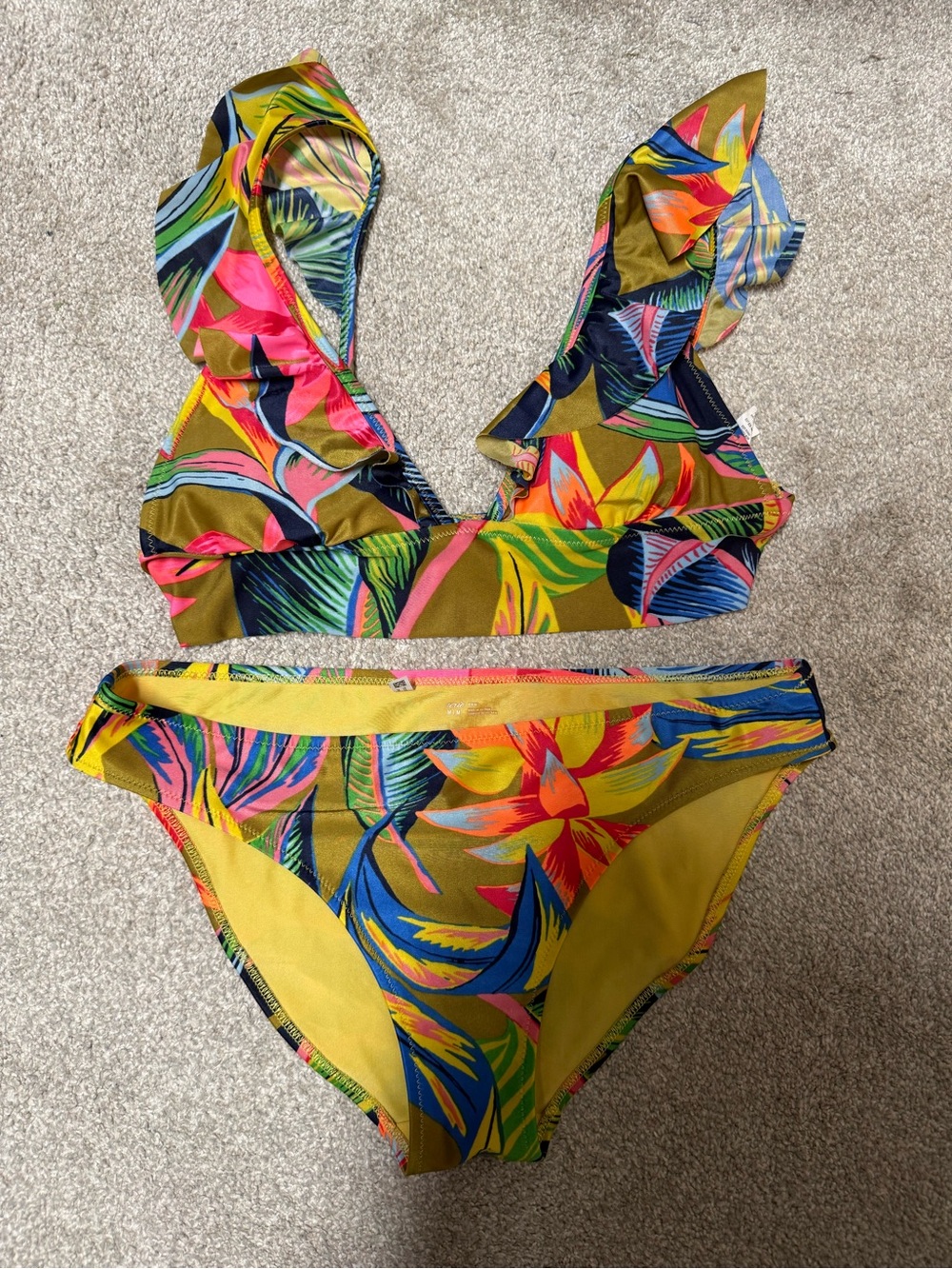 aerie Yellow Tropical Ruffle Bikini with Multicolor Leaf Print